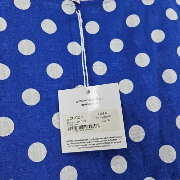 GORMAN X Pantone Dress Blue White Polka Dot Spot Cap Sleeve Mini NWT Size 8 - Picture 5 of 8